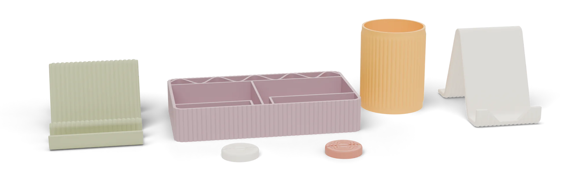 A desk set: an organiser tray, a Wave Rack, a pen cup, a phone stand and two card clips